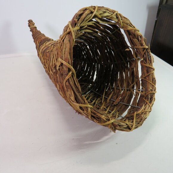 Rustic Cornucopia 8" tall Wicker Basket Natural Colored Woven Rattan Fall - Picture 1 of 13